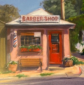 lot 208 image: Barbershop Scene Framed Print in Gorgeous Gold Gilded Frame