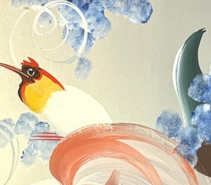 lot 227 image: Vintage Mid Century Birds of Paradise Tempra on Silver Foiled Board Art by M. David