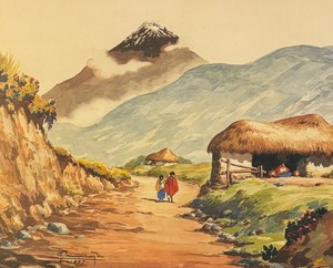 lot 233 image: Inca Village Framed Watercolor