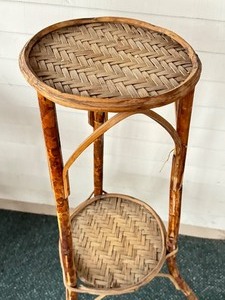 lot 302A image: Vintage Two Tiered Wicker Style Plant Stand