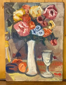 lot 373 image: Vintage Framed Floral Oil on Board Painting