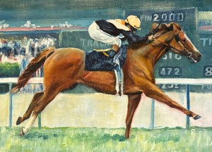 lot 482 image: Original Oil on Canvas Horse Racing Painting by Laura Landingham