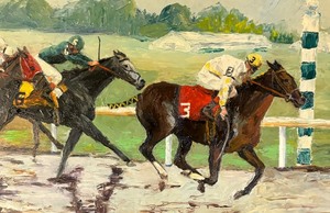 lot 485 image: Framed Original Horse Racing Painting by Laura Landingham