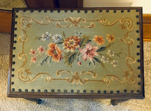 lot 77C image: Vintage Wooden Bench with Needlepoint Top