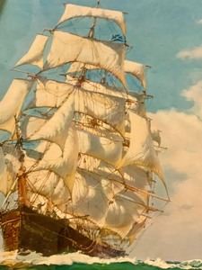 lot 332 image: Beautiful Framed Vintage Sailing Ship at Sea Print