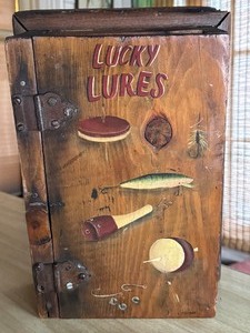 lot 396A image: Decorative Wooden Lucky Lure Box and Vintage Fishing Lures