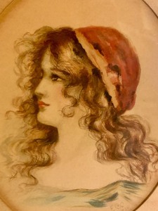 lot 373B image: Vintage Petite Framed Portrait Print Young Maiden on Easel