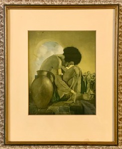 lot 375B image: Trio of Small Vintage Framed Prints Maxfield Parrish Sinbad & Giant, Princess Parizeda Arabian Nights and The Landing of the Brazen Boatman