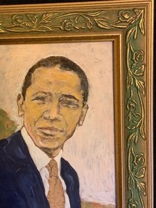 lot 124 image: Original Signed and Framed Oil on Board Portrait of Barack Obama