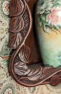 lot 147D image: Vintage Wood Corner Wall Shelf and Vases
