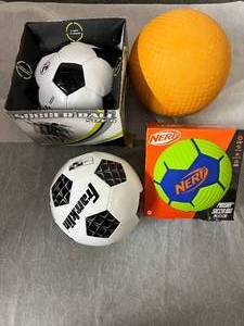 lot 31 image: 2 Kids Soccer Balls, Nerf Ball, and Dodgeball