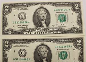 3 Rare Uncirculated Two Dollar Bills In Sequential Number Order