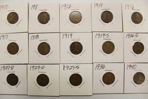 15 Semi Key Date Wheat Back Pennies 1910 - 1940