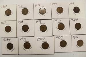 15 Semi Key Date Wheat Back Pennies 1910 - 1942