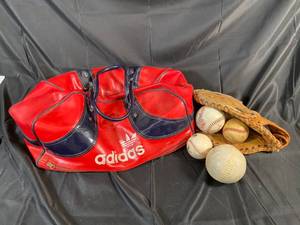 lot 211 image: Vintage Adidas Bag with Catchers Glove & Assorted Balls