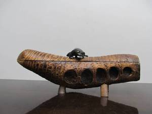 lot 60 image: Very Cool LARGE Footed Sculptural Carved Container wFrog Finial