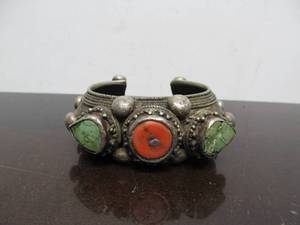 lot 66 image: Heavy Antique Tibetan Silver Cuff Bracelet wTurquoise & Coral