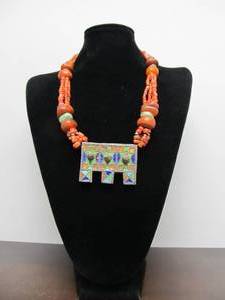 lot 68 image: Antique Enameled Moroccan Silver Pendant Necklace wCoral & Old Genuine Amber Beads
