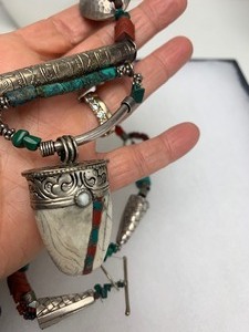 lot 67 image: Very Nice Inlaid Bone Pendant Necklace wTurquoise Silver & other Beads