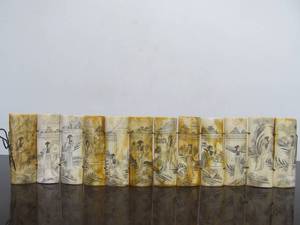 lot 27 image: Old Oriental Scrimshaw Bone 12-Section Shunga Panels