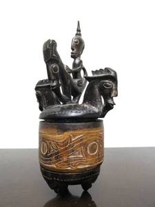 lot 31 image: Vintage African Ceremonial Container wFigural Equestrian Lid