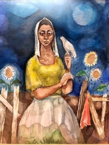 lot 80 image: Framed Signed Original Watercolor Painting by Fred Jones - Woman wBird - Circa 1950s