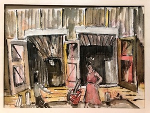 lot 88 image: Framed Mid Century 1960s Impressionist Watercolor Painting - Interior Scene wWoman