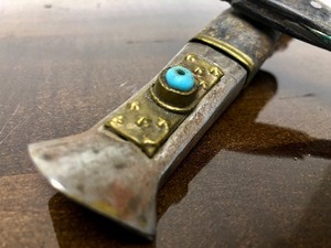 lot 113 image: Old Vintage Tibetan Knife wBone Turquoise & Brass
