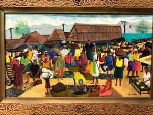 lot 91 image: Excellent Large Vintage Original Haitian Folk Art Village Scene Painting - Franklin Latortue
