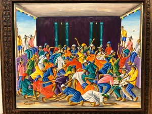 lot 94 image: Excellent Vintage Original Haitian Folk Art Village PartyDance Scene Painting - Dieudonne Rouanez