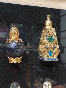 lot 95 image: Deep Shadowbox Framed Artwork wOrnate Perfume Bottles