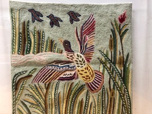 lot 97 image: Very Nice Hand Woven Artwork wBirds - Custom Lucite Frame
