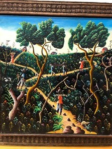 lot 98 image: Excellent Vintage Original Haitian Folk Art Village Harvesting Scene Painting - Signed Bruno D.