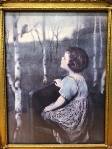 lot 100 image: Ornately Framed Vintage Print wYoung Girl & Bird Spring Song