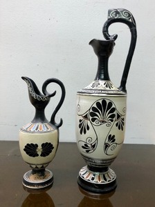 lot 135 image: 2 Vintage Greek Decorated EwersPitchers