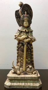 lot 139 image: LARGE & Exceptional Japanese Carved Bone Warrior Figure wHawk or Falcon