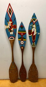 lot 142 image: Hand Carved Painted Vintage Wooden Canoe Paddles - Maroon Peoples Suriname