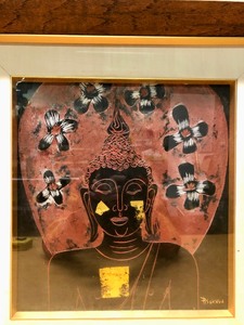 lot 149 image: Excellent Vintage Signed Original Artwork Painting wBuddha & Flowers