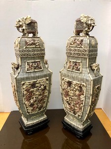 lot 165 image: Matching Pair of Large Monumental Oriental Ox Bone Urns wElephants
