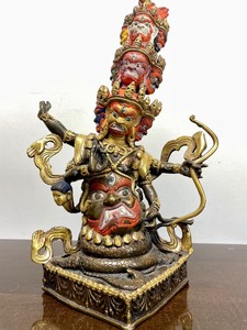 lot 1 image: Exceptional Antique Tibetan Gilt Bronze Rahula Protector Deity Figure