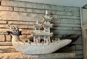 lot 115 image: Fantastic Large Chinese Carved Bone Dragon Ship wFigures
