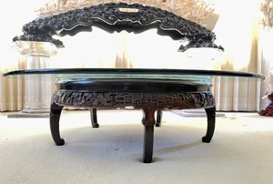 lot 176 image: Deep Relief Carved 1950s Oriental Rosewood Round Coffee Table wGlass Top