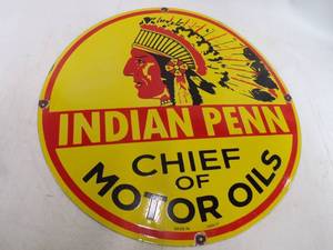 lot 17 image: Vintage 30 Indian Penn Chief of Motor Oils Porcelain over metal Advertising Sign