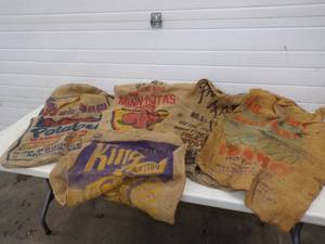 lot 26 image: 5 Vintage Potato Sacks w Great Color