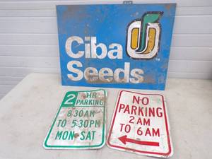 lot 53 image: Vintage Ciba Seeds Double Sided Sign and 2 Retired parking Signs