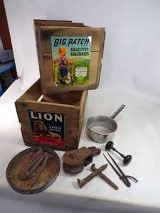 lot 91 image: Vintage Lot of Produce Crates, Pulley, Door Knob,& More
