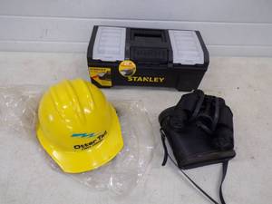 lot 96 image: Never used Stanley Tool Box, Hard Hat, & Binoculars