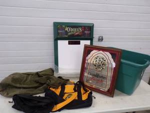 lot 105 image: Group of Bar Signs & Duffle Bags  includes Authentic Mid Century Army Bag