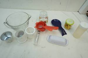lot 96 image: Kitchen items, butter dish, glass measuring item, corn holders