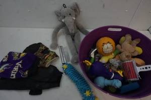 lot 109 image: Small dog outfits and toys, bin